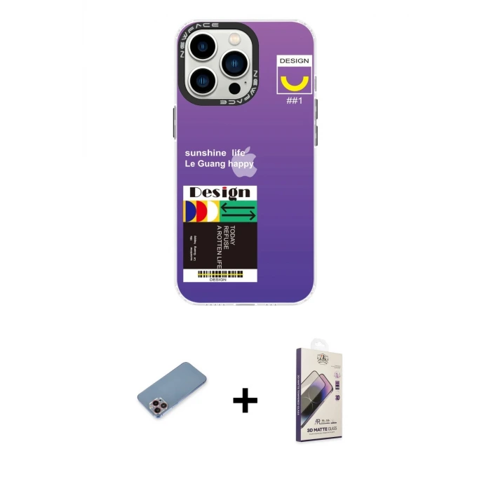 ieg™ iPhone 13 Pro Max Kılıf Siluet Çizgi Koleksiyonu - Siyah Bilvis 3D Mat Cam Ekran Koruyucu + Shine Kamera Lens Koruma Cam - PE