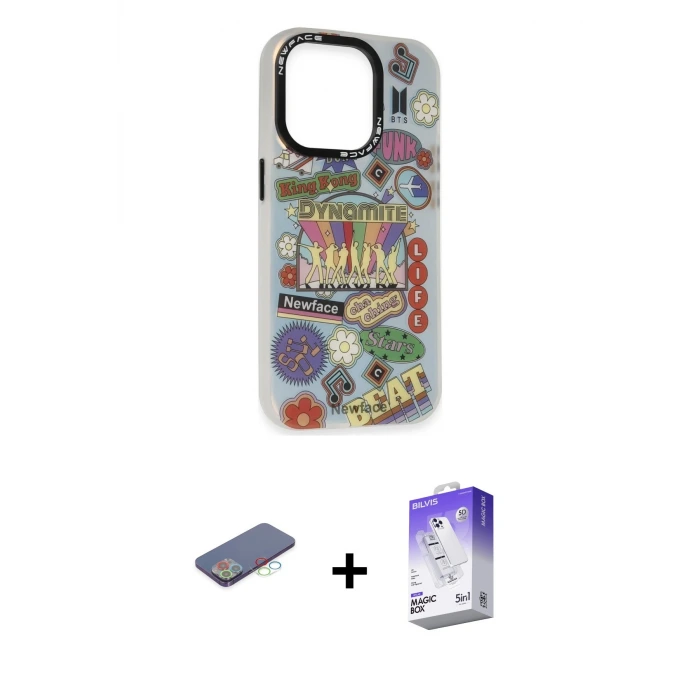 ieg™ iPhone 13 Pro Max Kılıf Siluet Çizgi Koleksiyonu - Siyah Bilvis 5in1 3D Magic Cam Ekran Koruyucu + Renkli Kamera Lens Koruma Cam - MI