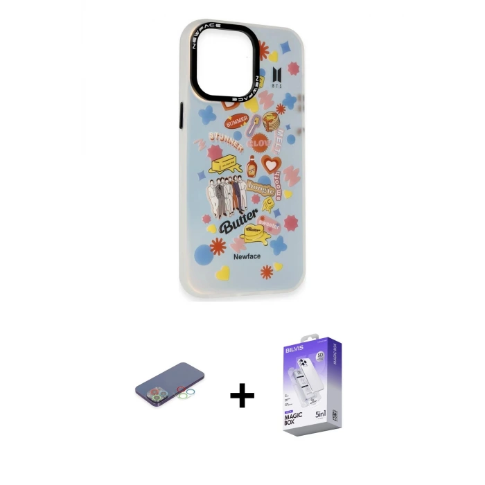 ieg™ iPhone 13 Pro Max Kılıf Siluet Çizgi Koleksiyonu - Siyah Bilvis 5in1 3D Magic Cam Ekran Koruyucu + Renkli Kamera Lens Koruma Cam - MI