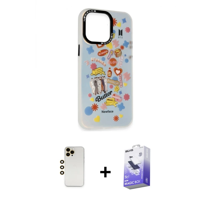 ieg™ iPhone 13 Pro Max Kılıf Siluet Çizgi Koleksiyonu - Siyah Bilvis 5in1 5D Magic Hayalet Cam Ekran Koruyucu + Shine Kamera Lens - GD