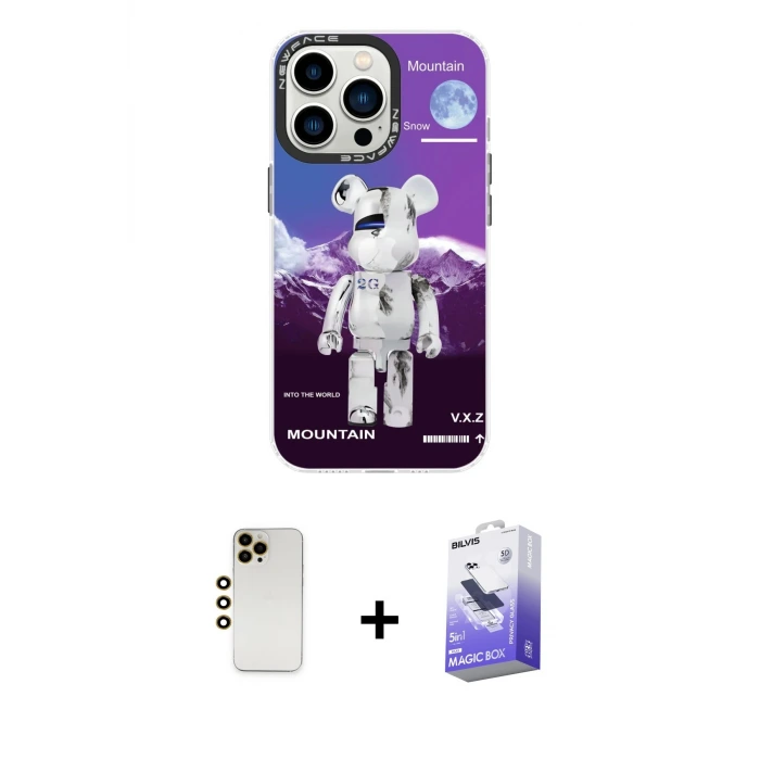 ieg™ iPhone 13 Pro Max Kılıf Siluet Çizgi Koleksiyonu - Siyah Bilvis 5in1 5D Magic Hayalet Cam Ekran Koruyucu + Shine Kamera Lens - GD