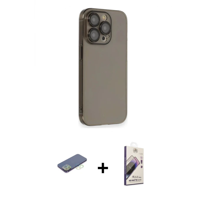 ieg™ iPhone 13 Pro Max Kılıf Siluet Minimal Özel Seri - Siyah Bilvis 3D Mat Cam Ekran Koruyucu + Renkli Kamera Lens Koruma Cam - YL