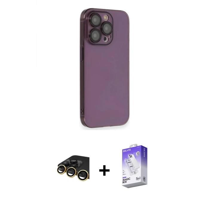 ieg™ iPhone 13 Pro Max Kılıf Siluet Minimal Özel Seri - Siyah Bilvis 5in1 3D Magic Cam Ekran Koruyucu + Raze Metal Kamera Lens - GD