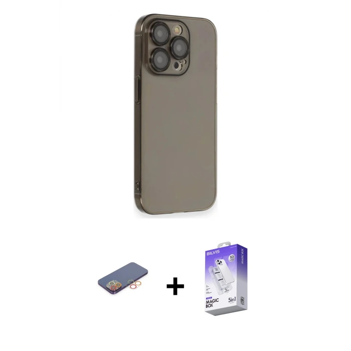 ieg™ iPhone 13 Pro Max Kılıf Siluet Minimal Özel Seri - Siyah Bilvis 5in1 3D Magic Cam Ekran Koruyucu + Renkli Kamera Lens Koruma Cam - TU