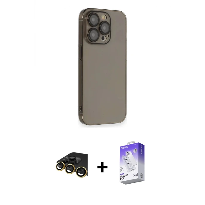 ieg™ iPhone 13 Pro Max Kılıf Siluet Minimal Özel Seri - Siyah Bilvis 5in1 3D Magic Cam Ekran Koruyucu + Raze Metal Kamera Lens - GD