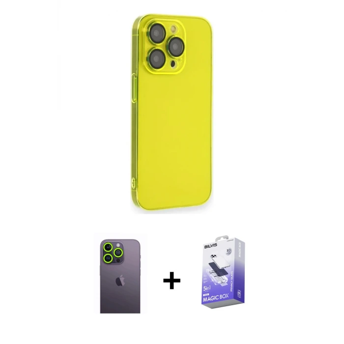 ieg™ iPhone 13 Pro Max Kılıf Siluet Minimal Özel Seri - Siyah Bilvis 5in1 5D Magic Hayalet Cam Ekran Koruyucu + Neon Fosforlu Kamera Lens - YL