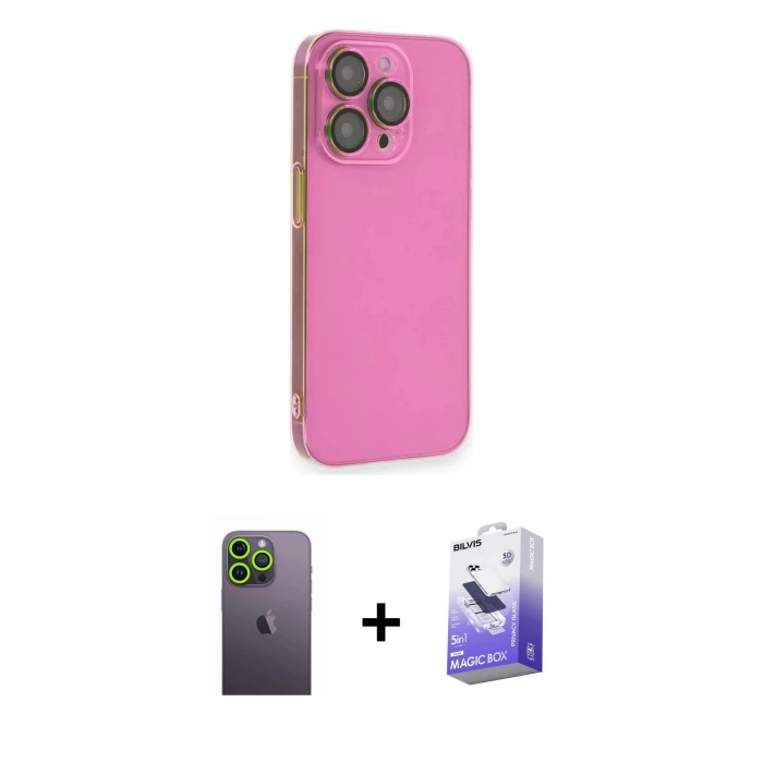 ieg™ iPhone 13 Pro Max Kılıf Siluet Minimal Özel Seri - Siyah Bilvis 5in1 5D Magic Hayalet Cam Ekran Koruyucu + Neon Fosforlu Kamera Lens - YL
