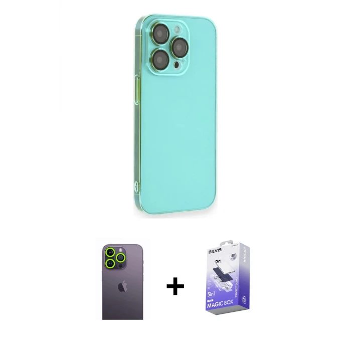 ieg™ iPhone 13 Pro Max Kılıf Siluet Minimal Özel Seri - Siyah Bilvis 5in1 5D Magic Hayalet Cam Ekran Koruyucu + Neon Fosforlu Kamera Lens - YL