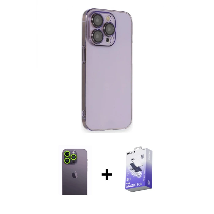 ieg™ iPhone 13 Pro Max Kılıf Siluet Minimal Özel Seri - Siyah Bilvis 5in1 5D Magic Hayalet Cam Ekran Koruyucu + Neon Fosforlu Kamera Lens - YL