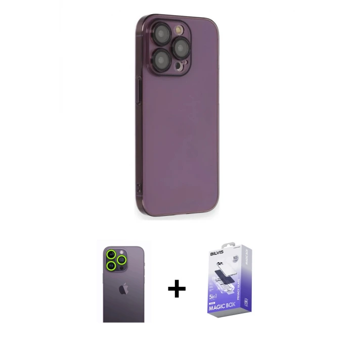 ieg™ iPhone 13 Pro Max Kılıf Siluet Minimal Özel Seri - Siyah Bilvis 5in1 5D Magic Hayalet Cam Ekran Koruyucu + Neon Fosforlu Kamera Lens - YL