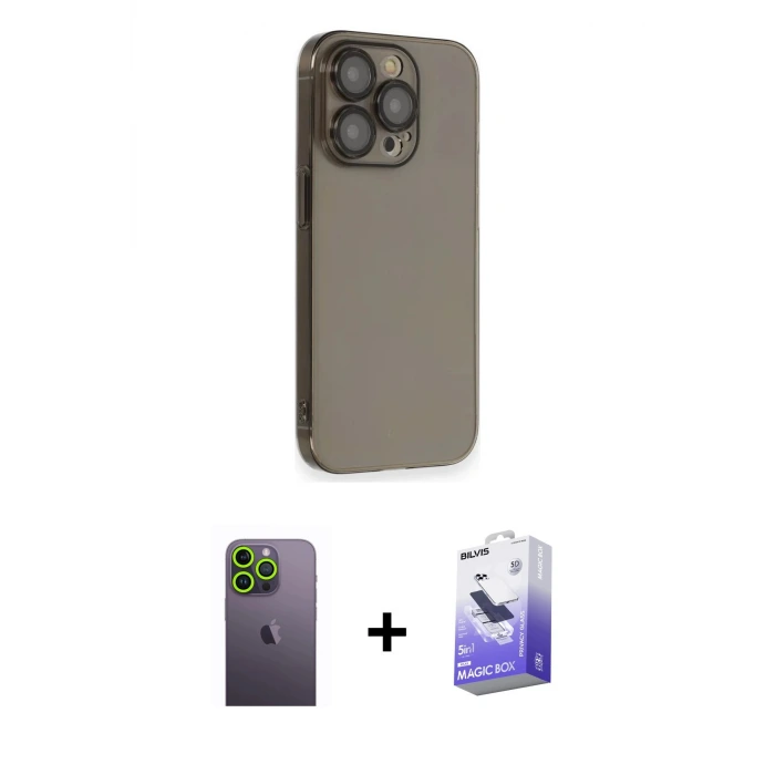 ieg™ iPhone 13 Pro Max Kılıf Siluet Minimal Özel Seri - Siyah Bilvis 5in1 5D Magic Hayalet Cam Ekran Koruyucu + Neon Fosforlu Kamera Lens - YL