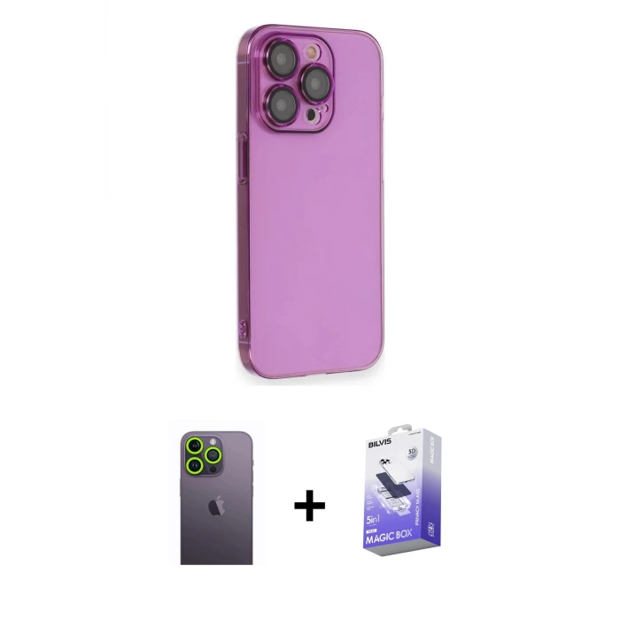 ieg™ iPhone 13 Pro Max Kılıf Siluet Minimal Özel Seri - Siyah Bilvis 5in1 5D Magic Hayalet Cam Ekran Koruyucu + Neon Fosforlu Kamera Lens - YL