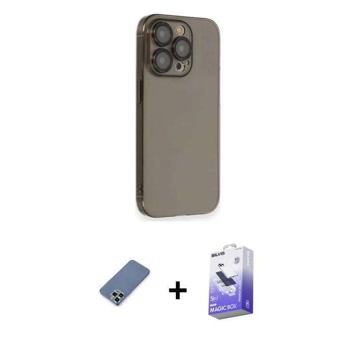 ieg™ iPhone 13 Pro Max Kılıf Siluet Minimal Özel Seri - Siyah Bilvis 5in1 5D Magic Hayalet Cam Ekran Koruyucu + Metal Kamera Lens Koruma Cam - AKYL