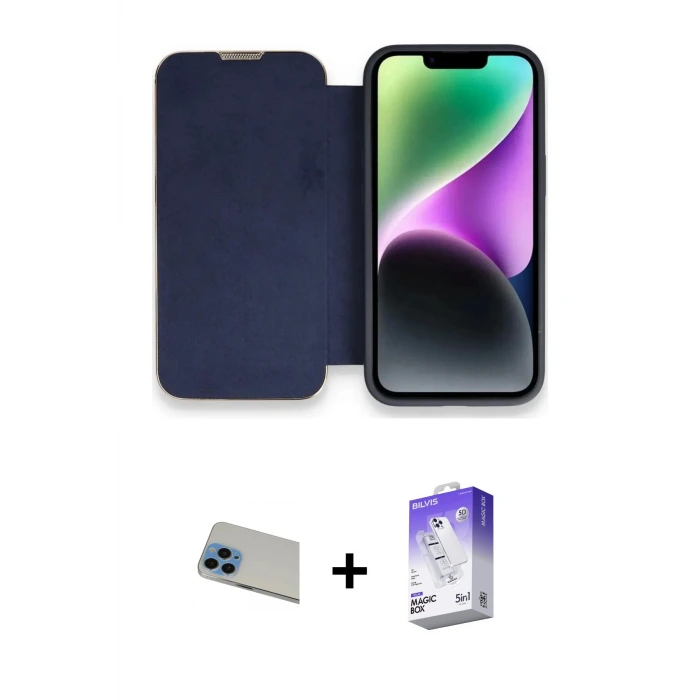 ieg™ iPhone 13 Pro Max Kılıf Siluet Minimal Serisi - Siyah Bilvis 5in1 3D Magic Cam Ekran Koruyucu + Rainbow Kamera Lens Koruma Cam - MI
