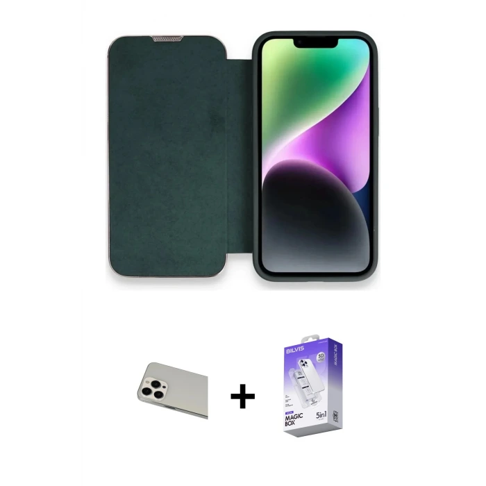 ieg™ iPhone 13 Pro Max Kılıf Siluet Minimal Serisi - Siyah Bilvis 5in1 3D Magic Cam Ekran Koruyucu + Rainbow Kamera Lens Koruma Cam - BZ