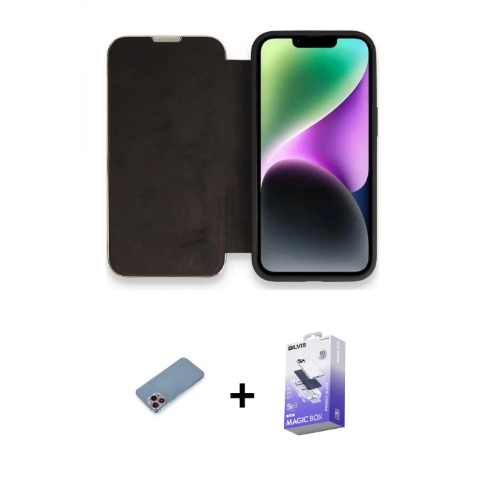 ieg™ iPhone 13 Pro Max Kılıf Siluet Minimal Serisi - Siyah Bilvis 5in1 5D Magic Hayalet Cam Ekran Koruyucu + Shine Kamera Lens Koruma Cam - PE
