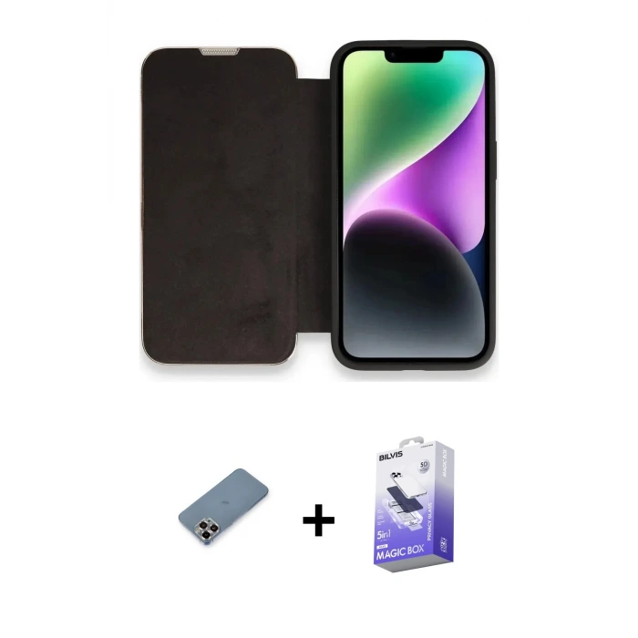 ieg™ iPhone 13 Pro Max Kılıf Siluet Minimal Serisi - Siyah Bilvis 5in1 5D Magic Hayalet Cam Ekran Koruyucu + Metal Kamera Lens Koruma Cam - MR