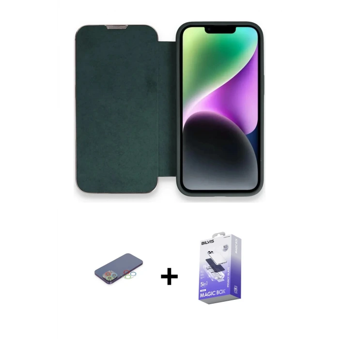 ieg™ iPhone 13 Pro Max Kılıf Siluet Minimal Serisi - Siyah Bilvis 5in1 5D Magic Hayalet Cam Ekran Koruyucu + Renkli Kamera Lens Koruma Cam - MI