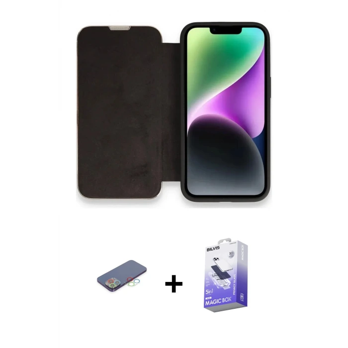 ieg™ iPhone 13 Pro Max Kılıf Siluet Minimal Serisi - Siyah Bilvis 5in1 5D Magic Hayalet Cam Ekran Koruyucu + Renkli Kamera Lens Koruma Cam - MI