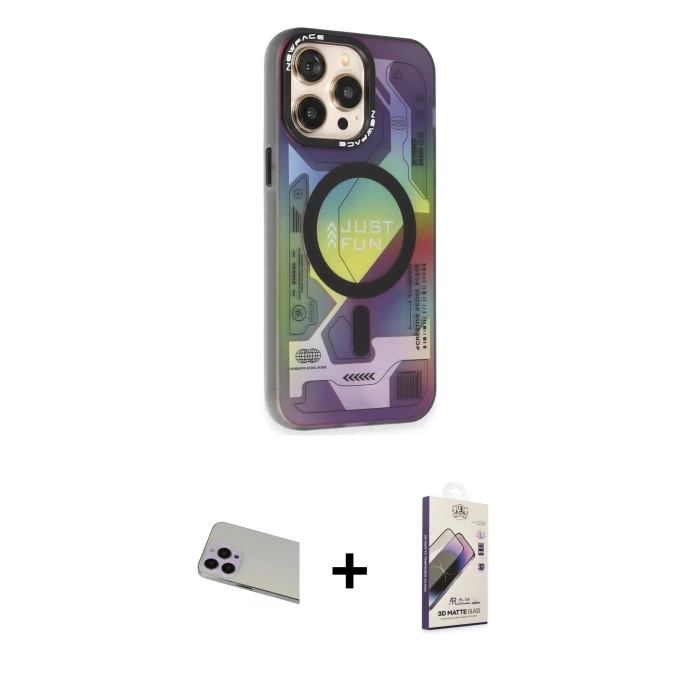 ieg™ iPhone 13 Pro Max Kılıf Siluet Modern Koleksiyonu - Siyah Bilvis 3D Mat Cam Ekran Koruyucu + Rainbow Kamera Lens Koruma Cam - MR