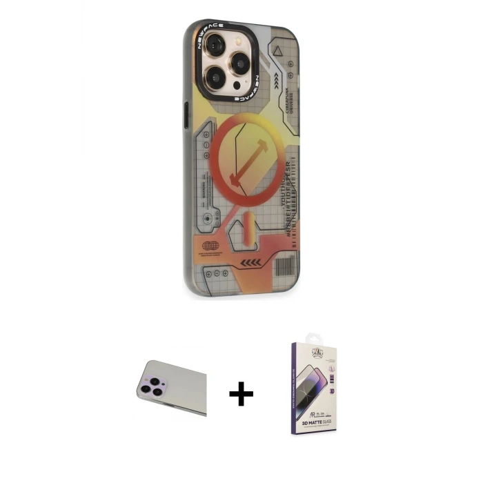 ieg™ iPhone 13 Pro Max Kılıf Siluet Modern Koleksiyonu - Siyah Bilvis 3D Mat Cam Ekran Koruyucu + Rainbow Kamera Lens Koruma Cam - MR