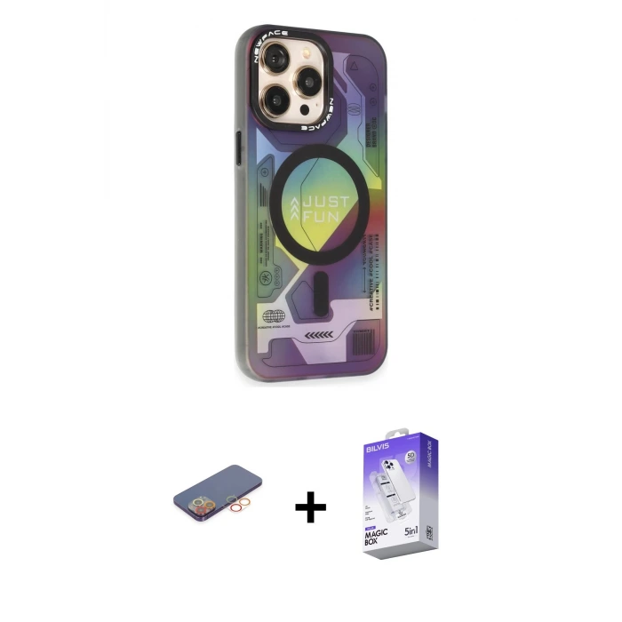ieg™ iPhone 13 Pro Max Kılıf Siluet Modern Koleksiyonu - Siyah Bilvis 5in1 3D Magic Cam Ekran Koruyucu + Renkli Kamera Lens Koruma Cam - TU