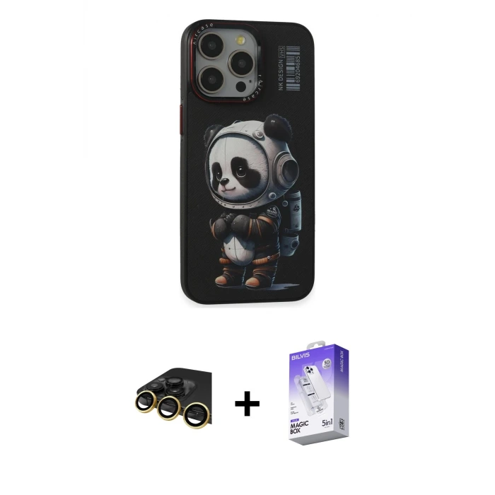 ieg™ iPhone 13 Pro Max Kılıf Siluet Modern Özel Seri - Siyah Bilvis 5in1 3D Magic Cam Ekran Koruyucu + Raze Metal Kamera Lens - GD