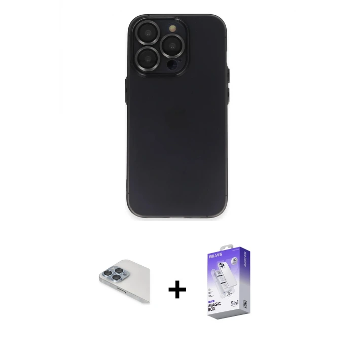 ieg™ iPhone 13 Pro Max Kılıf Ufuk Minimal Özel Seri - Siyah Bilvis 5in1 3D Magic Cam Ekran Koruyucu + Pers Alüminyum Kamera Lens - SABE