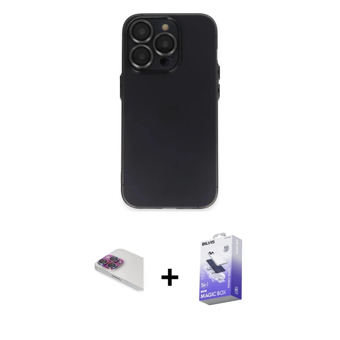 ieg™ iPhone 13 Pro Max Kılıf Ufuk Minimal Özel Seri - Siyah Bilvis 5in1 5D Magic Hayalet Cam Ekran Koruyucu + Pers Alüminyum Kamera Lens - GI