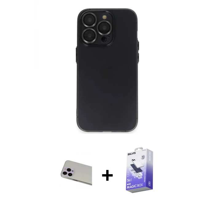 ieg™ iPhone 13 Pro Max Kılıf Ufuk Minimal Özel Seri - Siyah Bilvis 5in1 5D Magic Hayalet Cam Ekran Koruyucu + Rainbow Kamera Lens Koruma Cam - MR