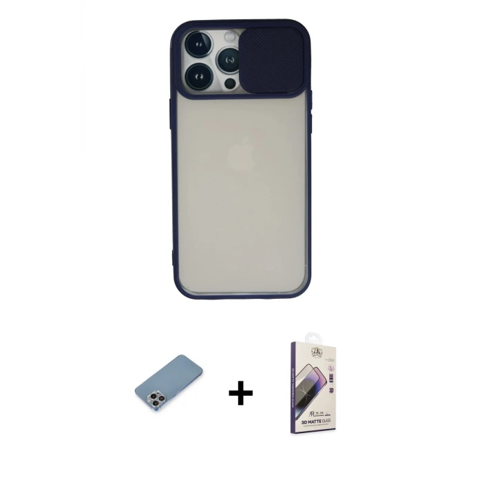 ieg™ iPhone 13 Pro Max Kılıf Vadi Çizgi - Siyah Bilvis 3D Mat Cam Ekran Koruyucu + Shine Kamera Lens Koruma Cam - GI