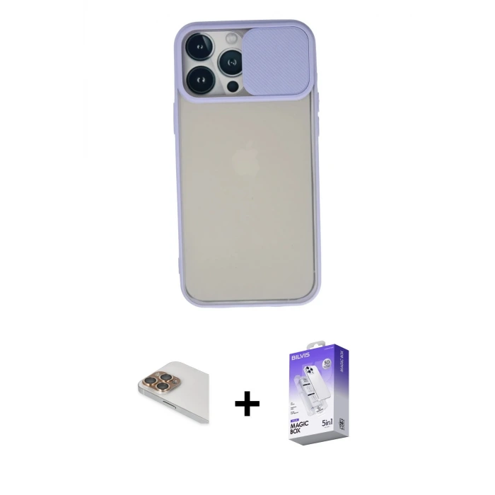 ieg™ iPhone 13 Pro Max Kılıf Vadi Çizgi - Siyah Bilvis 5in1 3D Magic Cam Ekran Koruyucu + Pers Alüminyum Kamera Lens - GD