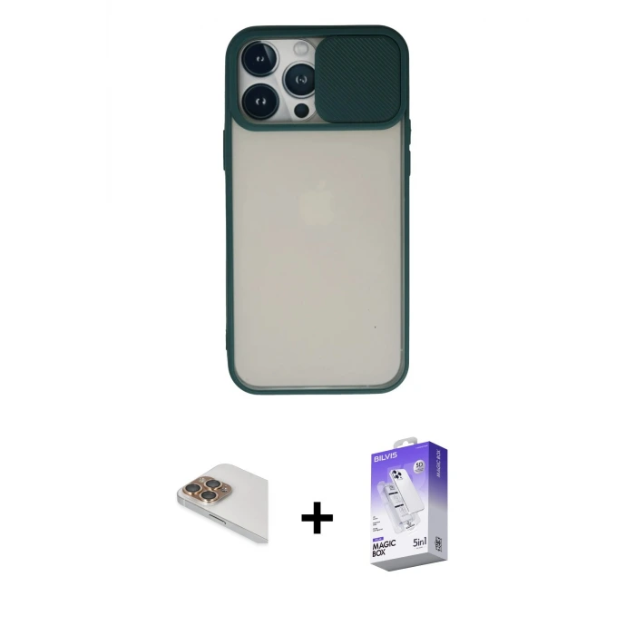 ieg™ iPhone 13 Pro Max Kılıf Vadi Çizgi - Siyah Bilvis 5in1 3D Magic Cam Ekran Koruyucu + Pers Alüminyum Kamera Lens - GD