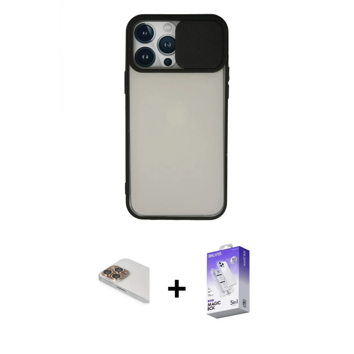 ieg™ iPhone 13 Pro Max Kılıf Vadi Çizgi - Siyah Bilvis 5in1 3D Magic Cam Ekran Koruyucu + Pers Alüminyum Kamera Lens - GD