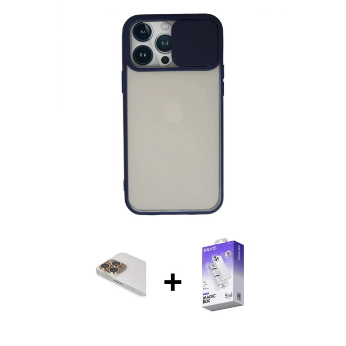 ieg™ iPhone 13 Pro Max Kılıf Vadi Çizgi - Siyah Bilvis 5in1 3D Magic Cam Ekran Koruyucu + Pers Alüminyum Kamera Lens - GD
