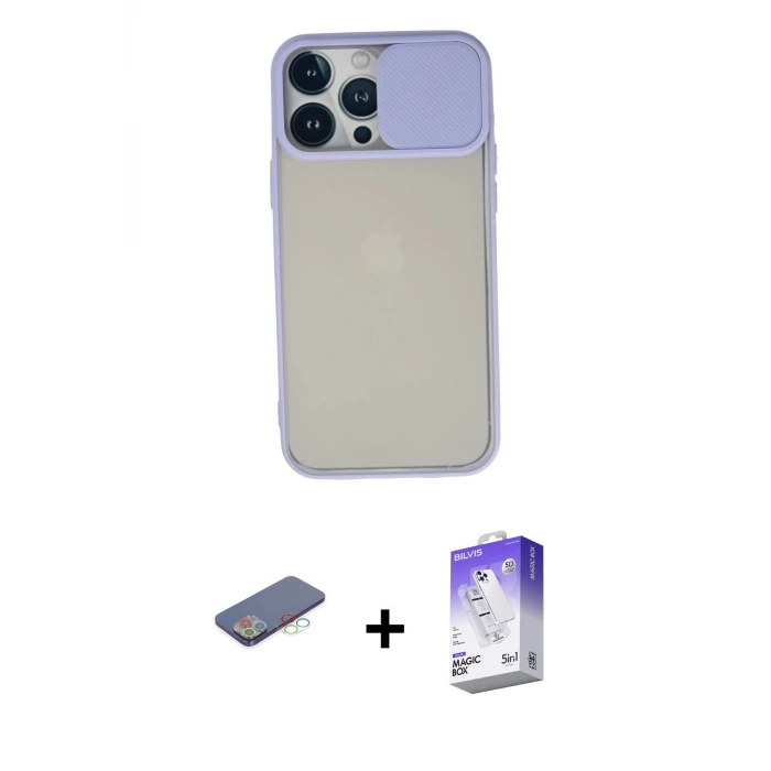 ieg™ iPhone 13 Pro Max Kılıf Vadi Çizgi - Siyah Bilvis 5in1 3D Magic Cam Ekran Koruyucu + Renkli Kamera Lens Koruma Cam - MI