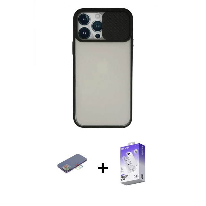 ieg™ iPhone 13 Pro Max Kılıf Vadi Çizgi - Siyah Bilvis 5in1 3D Magic Cam Ekran Koruyucu + Renkli Kamera Lens Koruma Cam - MI