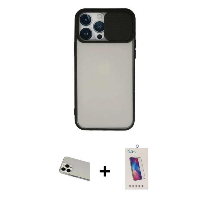 ieg™ iPhone 13 Pro Max Kılıf Vadi Çizgi - Siyah Joko 5D Cam + Rainbow Kamera Lens Koruma Cam - BZ