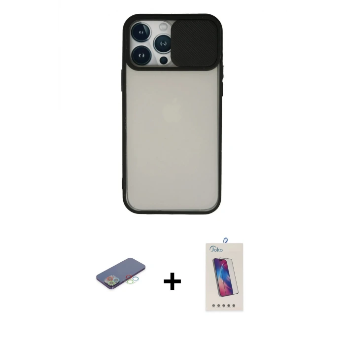 ieg™ iPhone 13 Pro Max Kılıf Vadi Çizgi - Siyah Joko 5D Cam + Renkli Kamera Lens Koruma Cam - MI