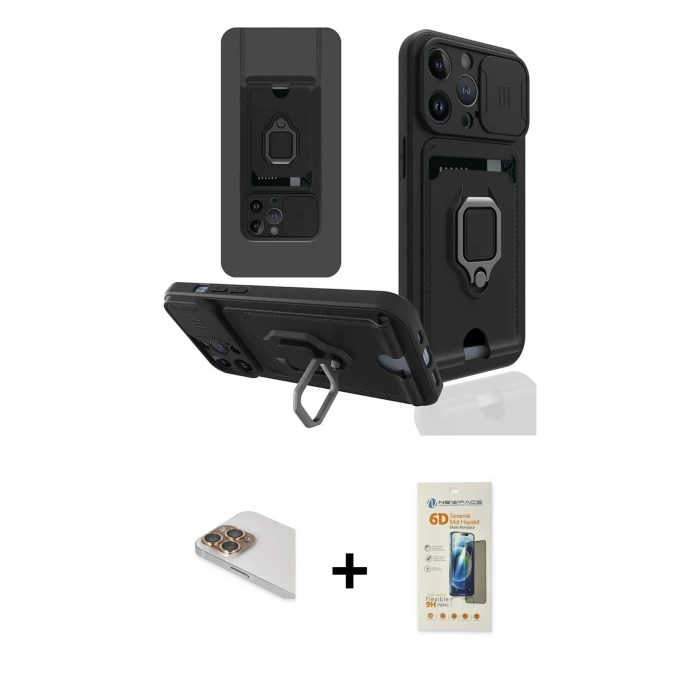ieg™ iPhone 13 Pro Max Kılıf Vadi Form Prime - Siyah 6D Mat Seramik Hayalet Nano Ekran Koruyucu + Pers Alüminyum Kamera Lens - GD