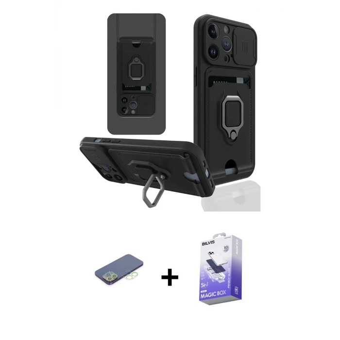 ieg™ iPhone 13 Pro Max Kılıf Vadi Form Prime - Siyah Bilvis 5in1 5D Magic Hayalet Cam Ekran Koruyucu + Renkli Kamera Lens Koruma Cam - YL