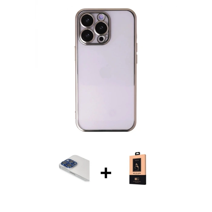 ieg™ iPhone 13 Pro Max Kılıf Vadi Minimal - Şeffaf Maxco Cam Ekran Koruyucu + Pers Alüminyum Kamera Lens - LT