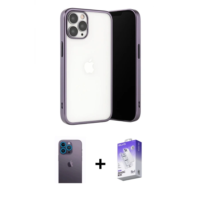 ieg™ iPhone 13 Pro Max Kılıf Vadi Minimal - Siyah Bilvis 5in1 3D Magic Cam Ekran Koruyucu + Neon Fosforlu Kamera Lens - MI