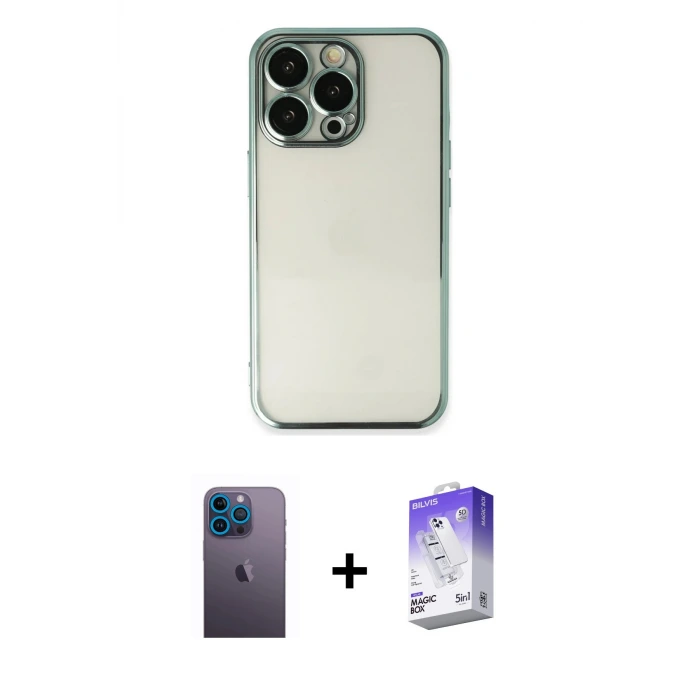 ieg™ iPhone 13 Pro Max Kılıf Vadi Minimal - Siyah Bilvis 5in1 3D Magic Cam Ekran Koruyucu + Neon Fosforlu Kamera Lens - MI