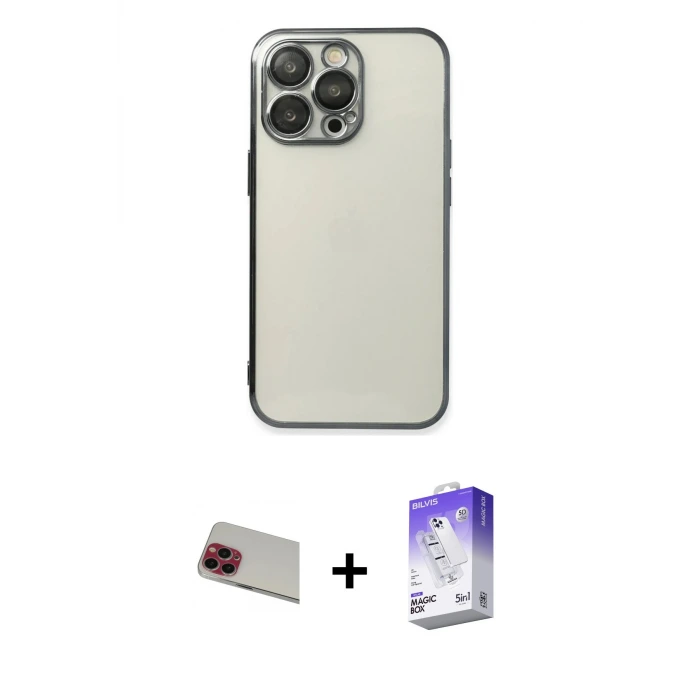 ieg™ iPhone 13 Pro Max Kılıf Vadi Minimal - Siyah Bilvis 5in1 3D Magic Cam Ekran Koruyucu + Rainbow Kamera Lens Koruma Cam - KI