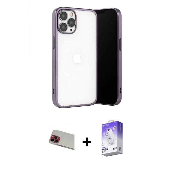 ieg™ iPhone 13 Pro Max Kılıf Vadi Minimal - Siyah Bilvis 5in1 3D Magic Cam Ekran Koruyucu + Rainbow Kamera Lens Koruma Cam - KI
