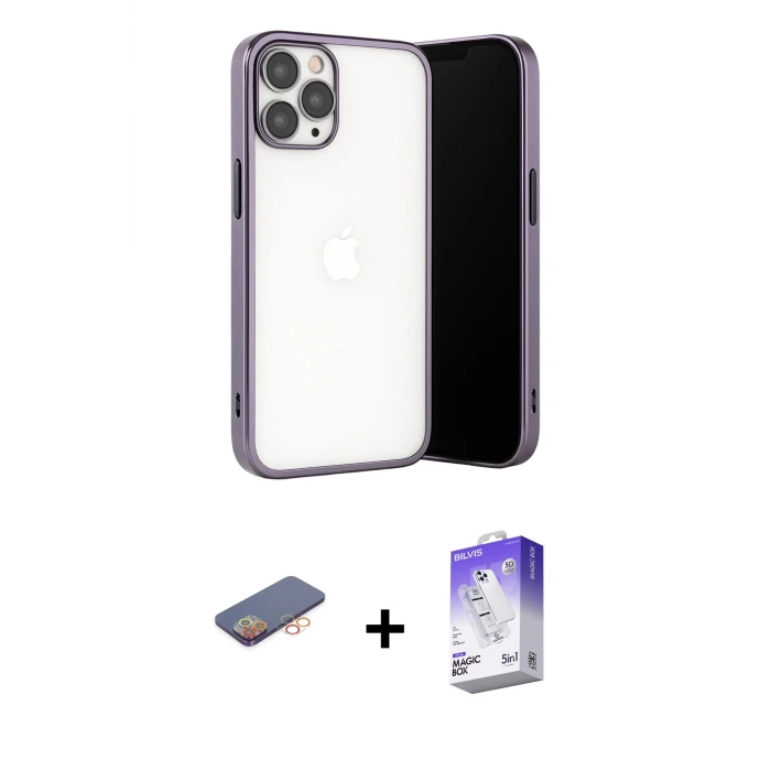 ieg™ iPhone 13 Pro Max Kılıf Vadi Minimal - Siyah Bilvis 5in1 3D Magic Cam Ekran Koruyucu + Renkli Kamera Lens Koruma Cam - TU