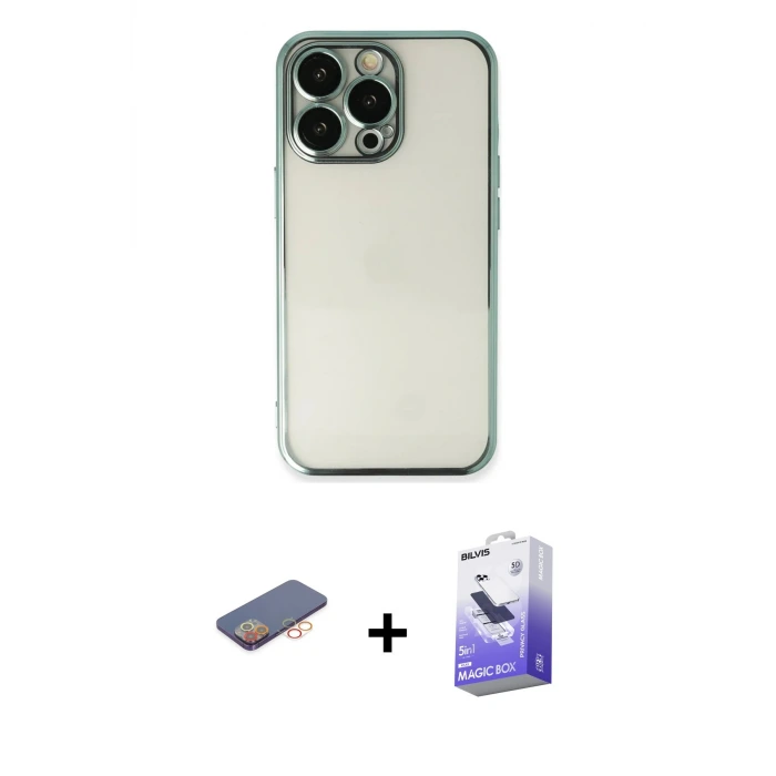 ieg™ iPhone 13 Pro Max Kılıf Vadi Minimal - Siyah Bilvis 5in1 5D Magic Hayalet Cam Ekran Koruyucu + Renkli Kamera Lens Koruma Cam - TU
