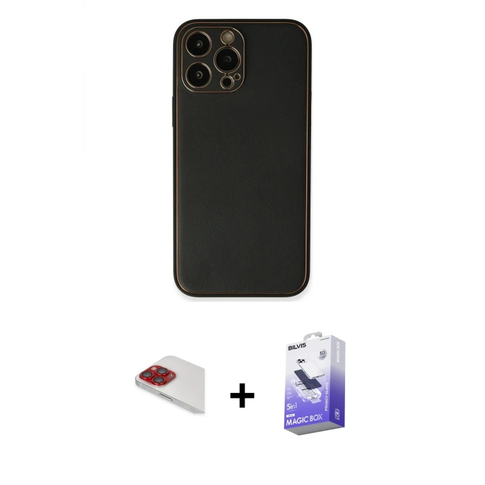 ieg™ iPhone 13 Pro Max Kılıf Yadigar Klasik - Siyah Bilvis 5in1 5D Magic Hayalet Cam Ekran Koruyucu + Pers Alüminyum Kamera Lens - KI