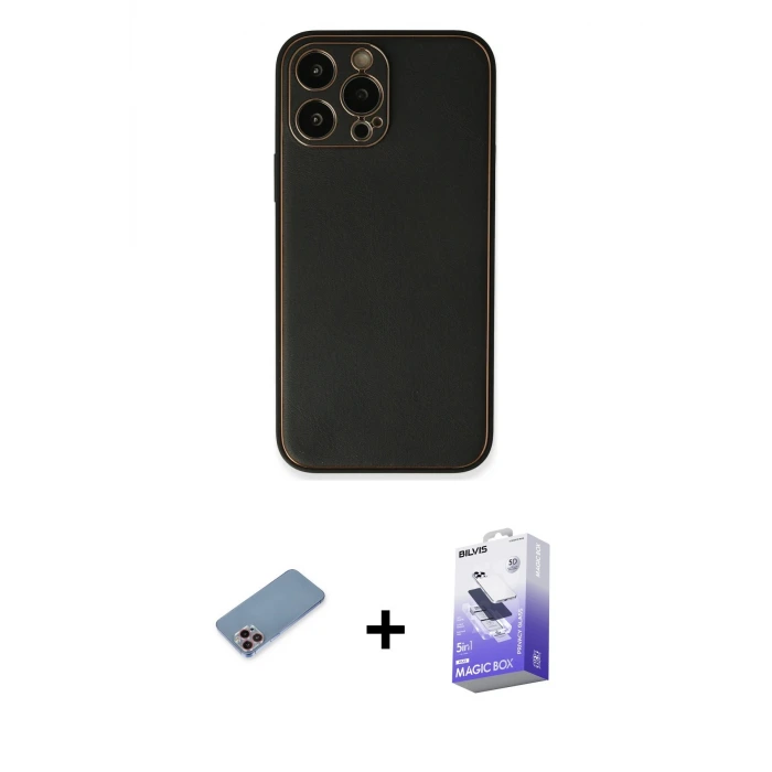 ieg™ iPhone 13 Pro Max Kılıf Yadigar Klasik - Siyah Bilvis 5in1 5D Magic Hayalet Cam Ekran Koruyucu + Shine Kamera Lens Koruma Cam - PE